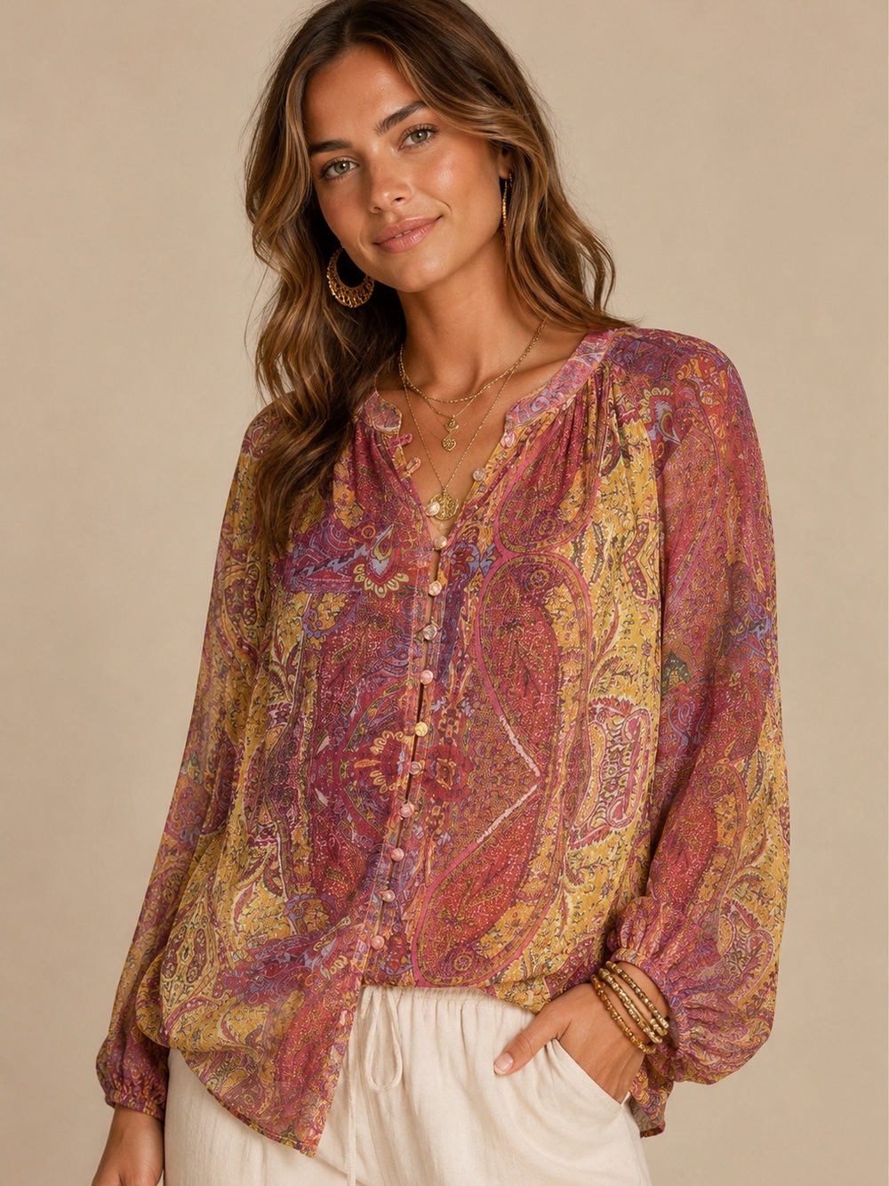 VICI Floral Paisley Sheer Oversized Button-Down Blouse Boho Chic